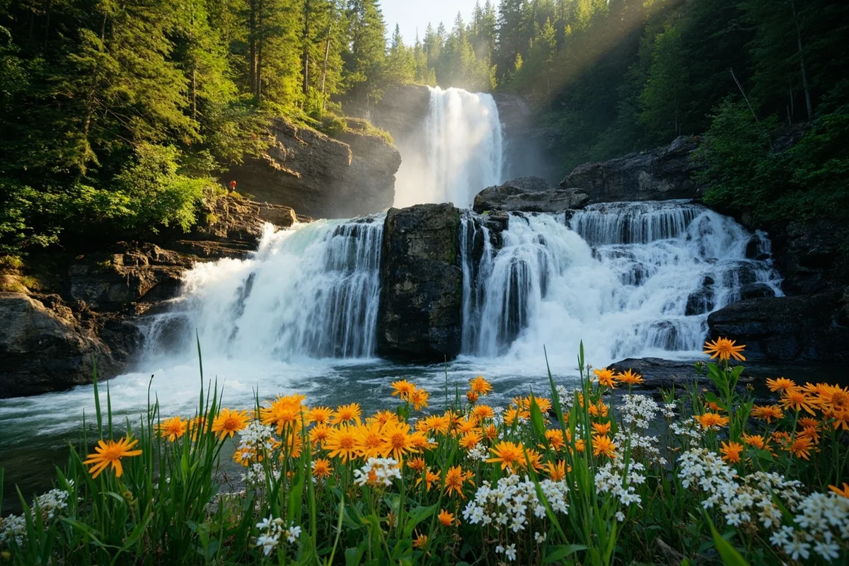 Mokowanis Cascade during peak summer flow with wildflowers in foreground