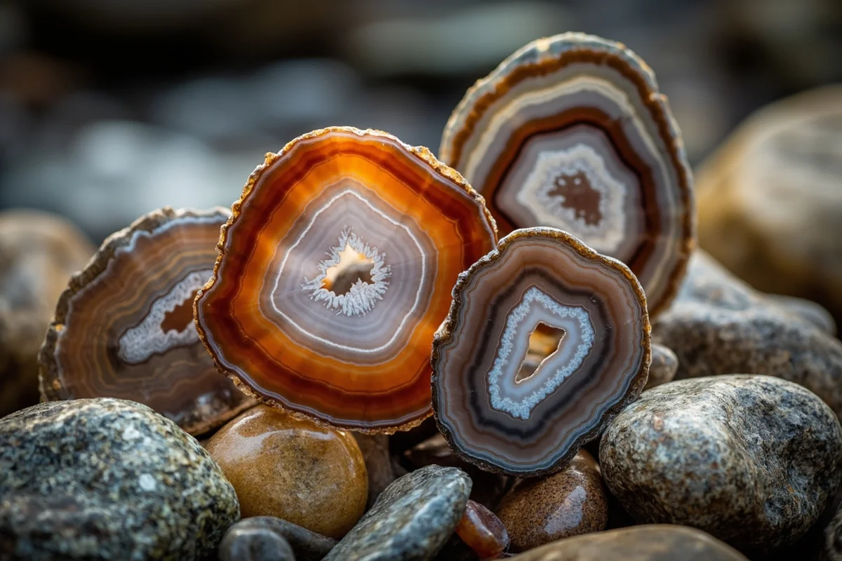 Montana agate specimens arranged on river rocks, showing characteristic banding patterns