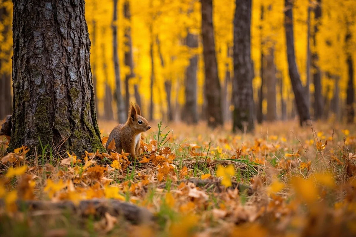 Montana autumn forest scene with golden larch trees, typical red squirrel habitat