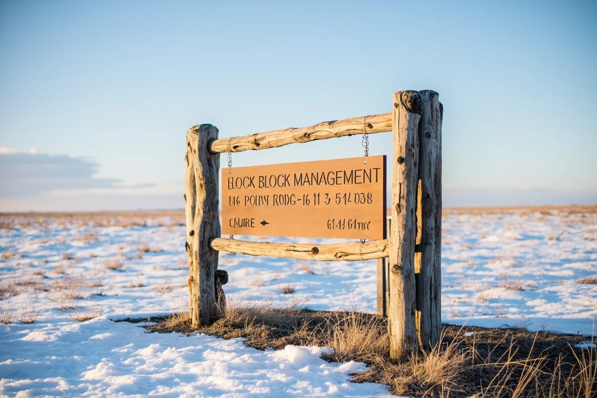 Montana Block Management sign at access point with snow-covered prairie in background