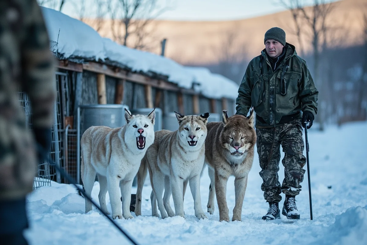 Montana cougar hunting outfitter camp in winter with hound kennels