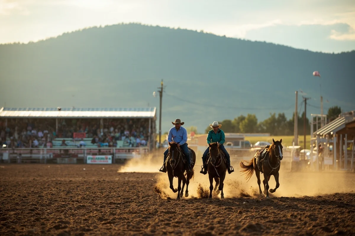 Montana county fair with rodeo arena and mountain backdrop