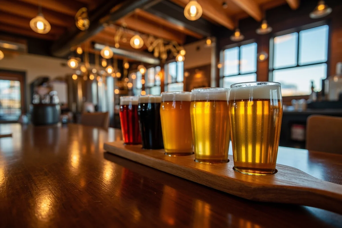 Montana craft beer flight on wooden paddle with brewery interior visible