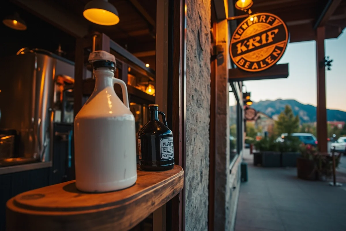 Montana craft brewery exterior with growler display