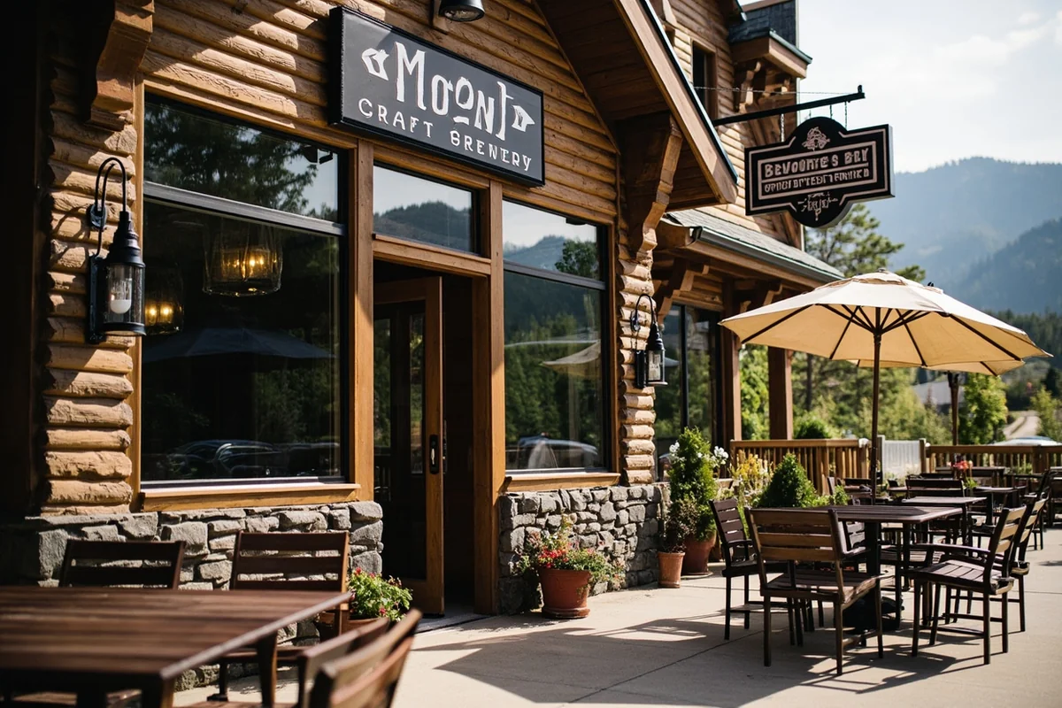 Montana craft brewery exterior with outdoor seating and mountain views