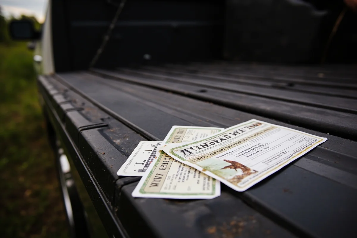 Montana deer hunting license and tags laid out on a truck tailgate