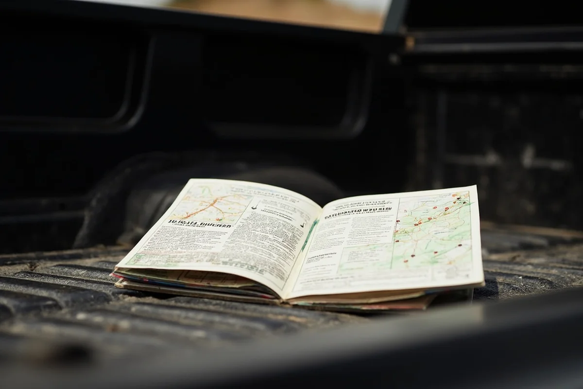 Montana deer hunting regulations booklet with maps spread on truck tailgate