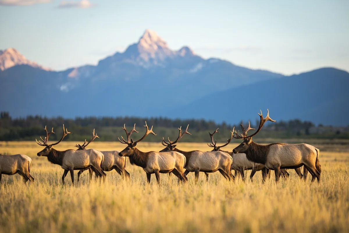 Montana elk herd grazing in valley with mountains in background