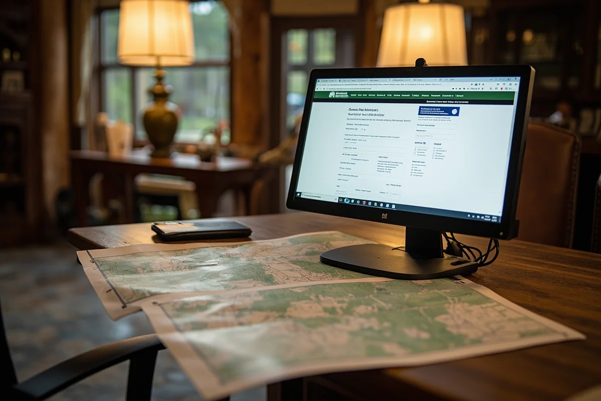 Montana Fish Wildlife and Parks license application on computer screen with hunting maps spread on desk