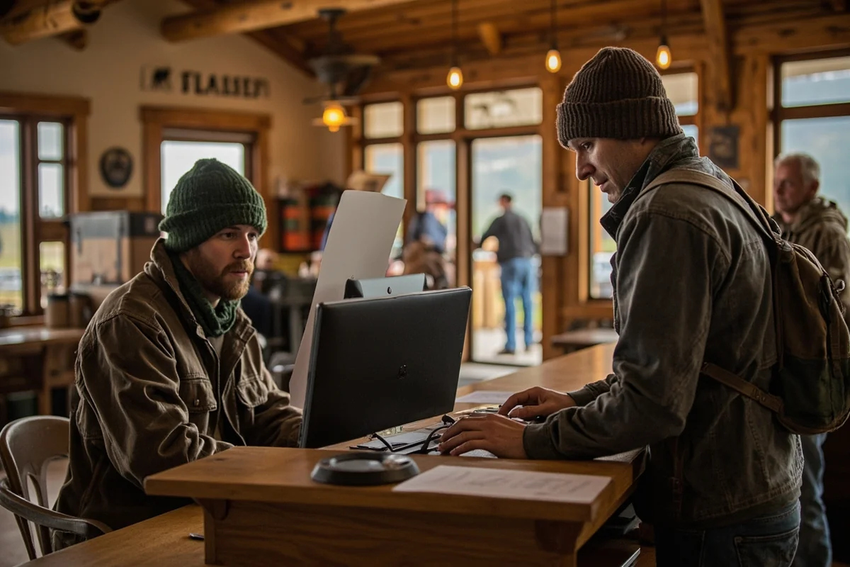 Montana Fish Wildlife and Parks licensing office with hunters at counter