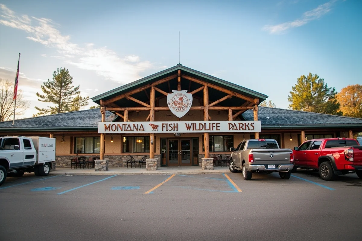 Montana Fish Wildlife and Parks regional office exterior with FWP signage and vehicles in parking lot