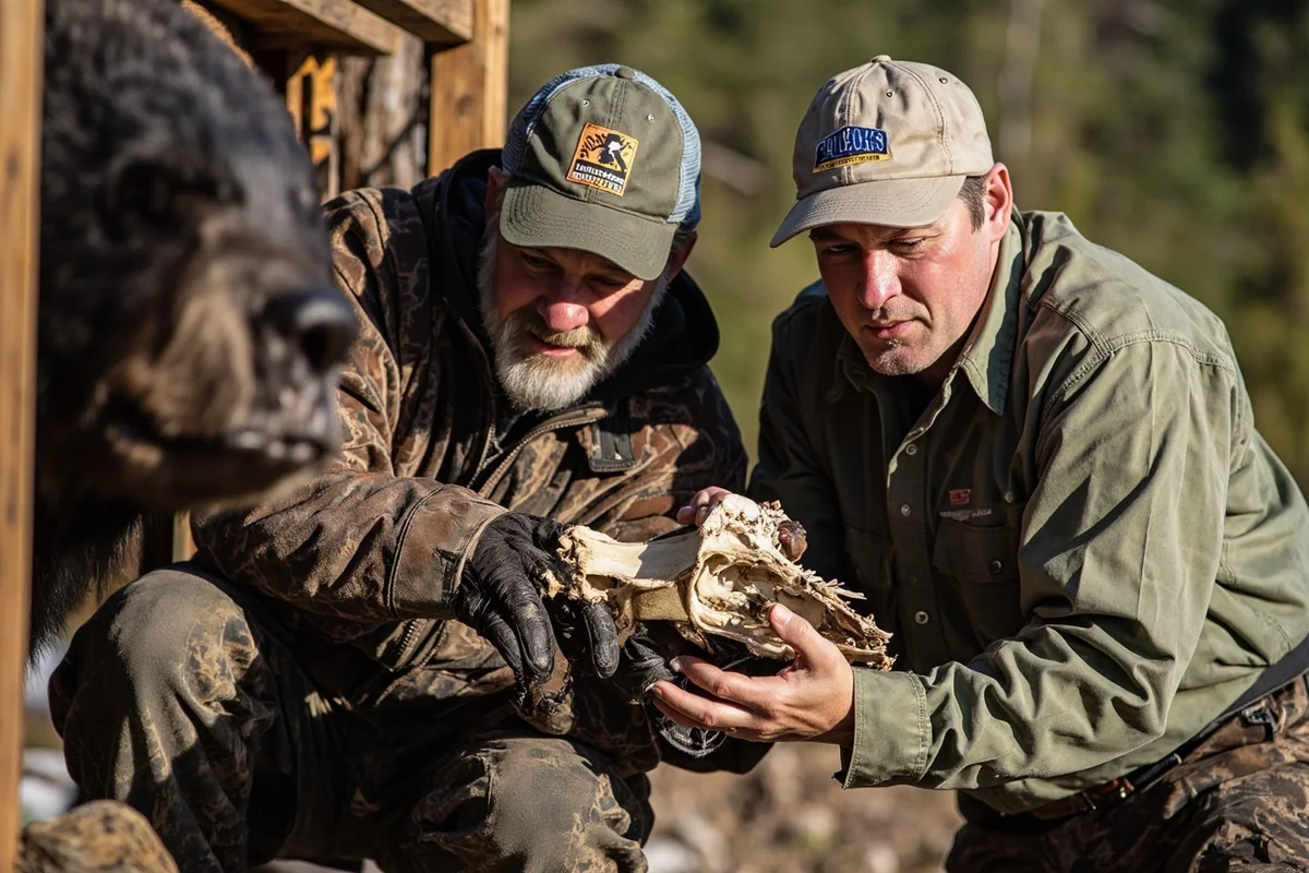 Montana Fish Wildlife & Parks bear check station with hunter presenting skull for measurement