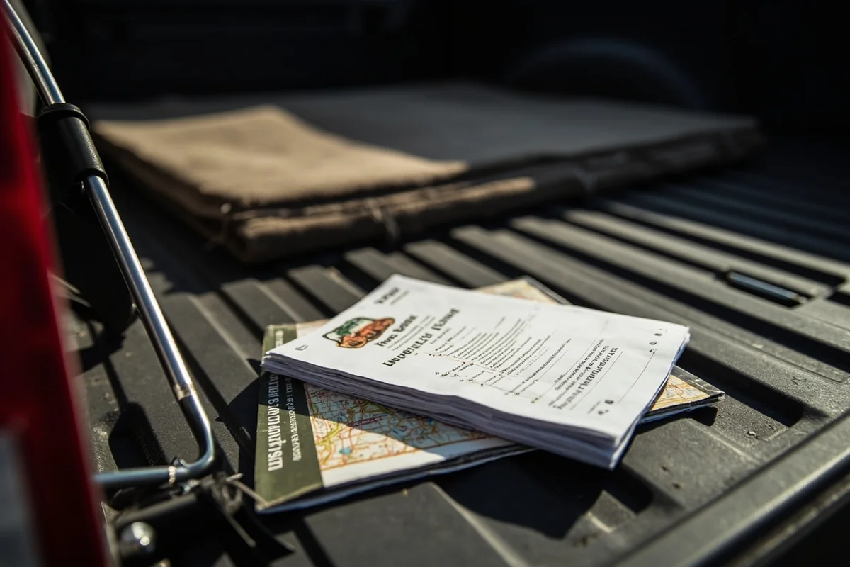 Montana FWP regulation booklet and hunting district map on truck tailgate