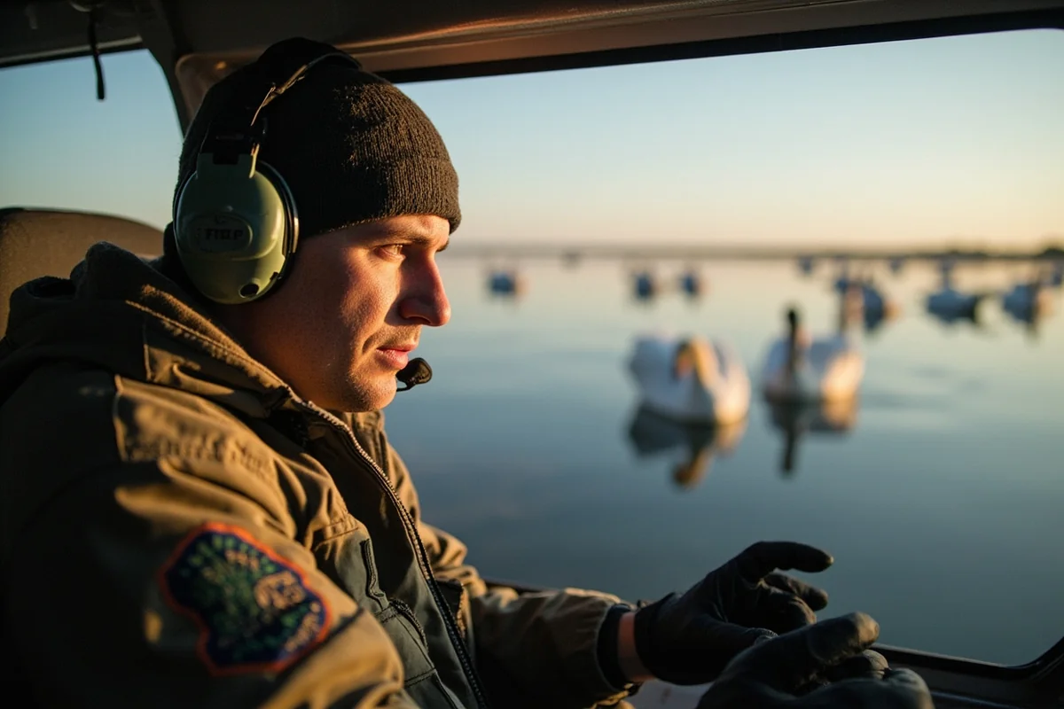 Montana FWP wildlife biologist conducting swan population survey from aircraft