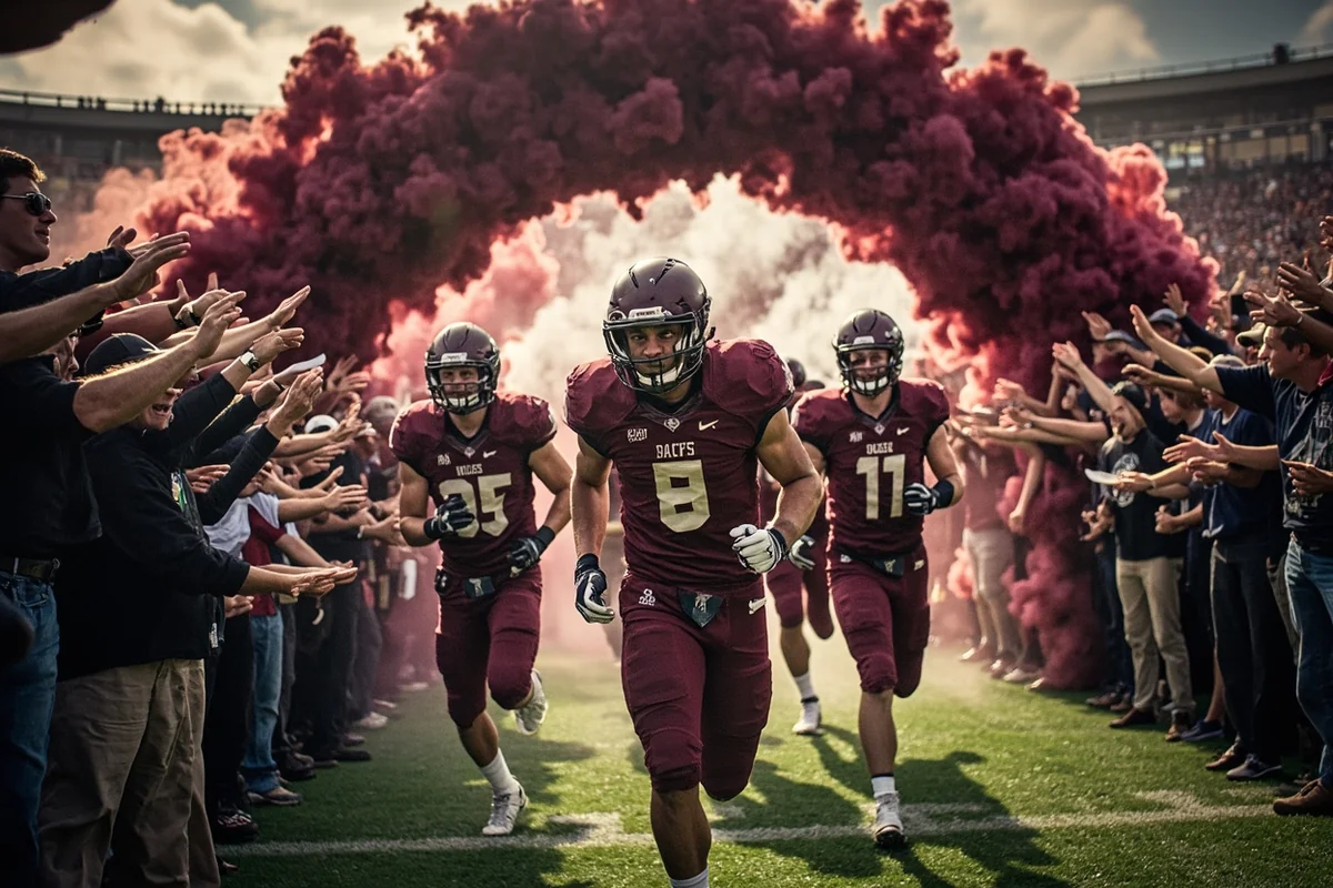 Montana Grizzlies football players running onto field through tunnel of fans
