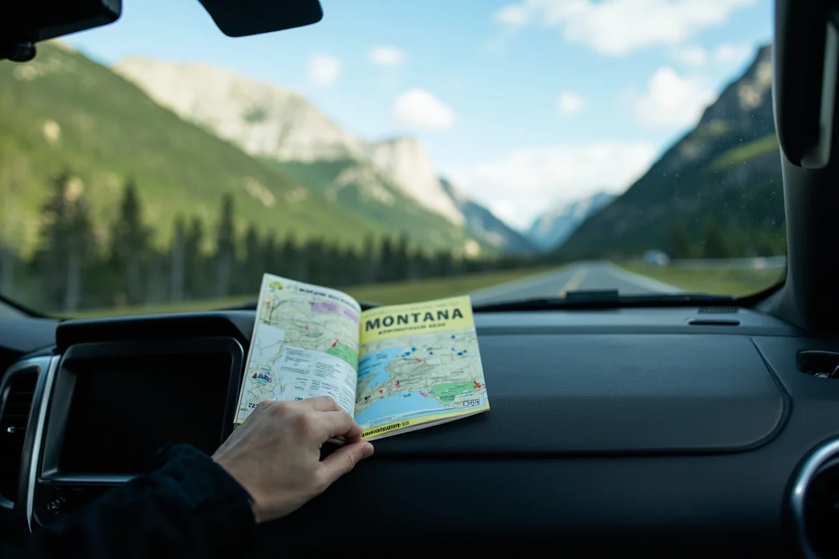 Montana guidebook open on a car dashboard with mountain scenery visible through the windshield