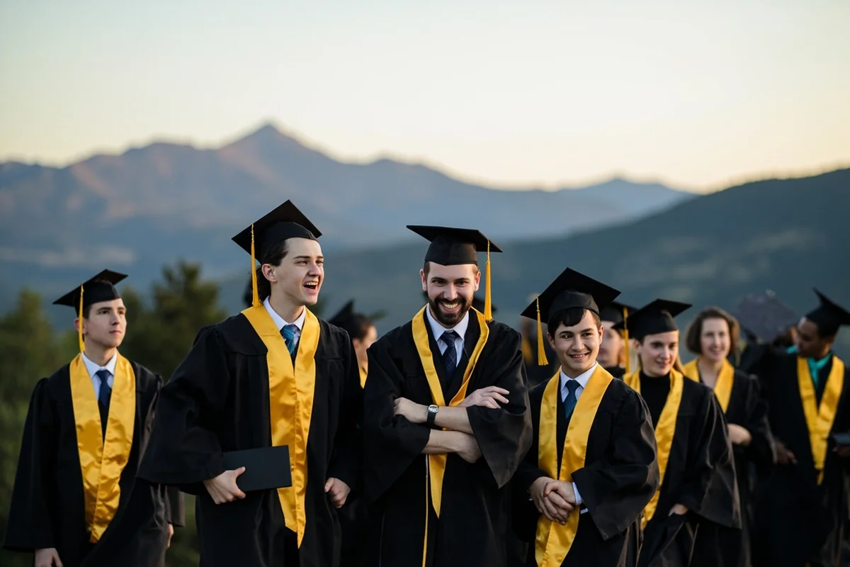 Montana high school graduates in caps and gowns with mountain backdrop