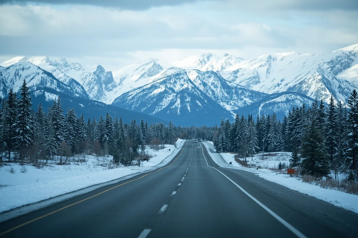 Montana highway during winter conditions with snow-covered mountains in distance