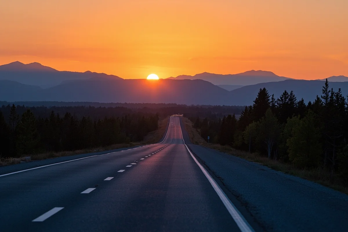 Montana highway stretching toward mountains at sunset