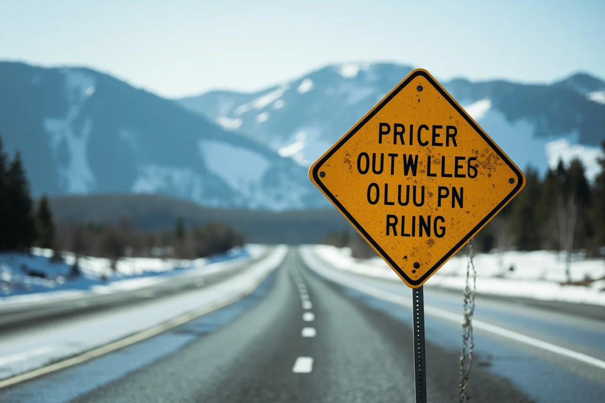 Montana highway warning sign about water over road with snowy landscape in background
