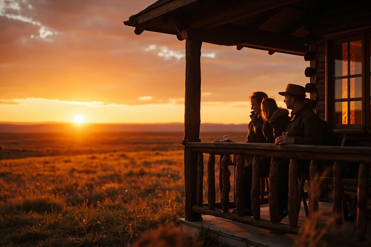 Montana homesteader family on porch at sunset with view of open grassland