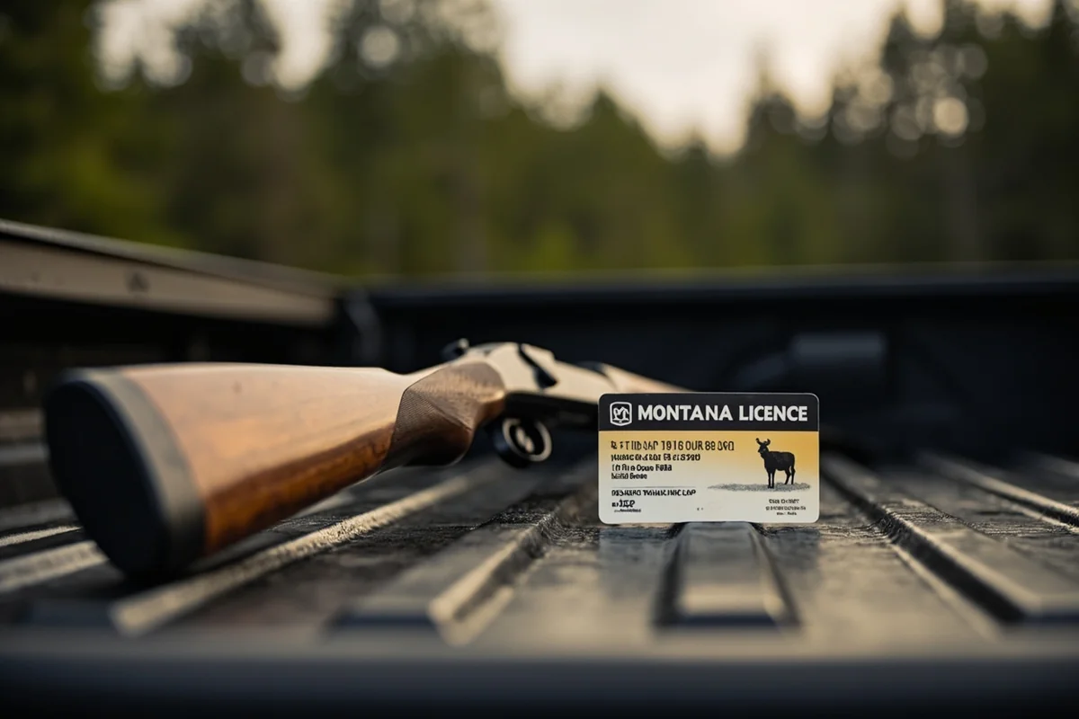 Montana hunting license and .22 rifle on a tailgate with forest background