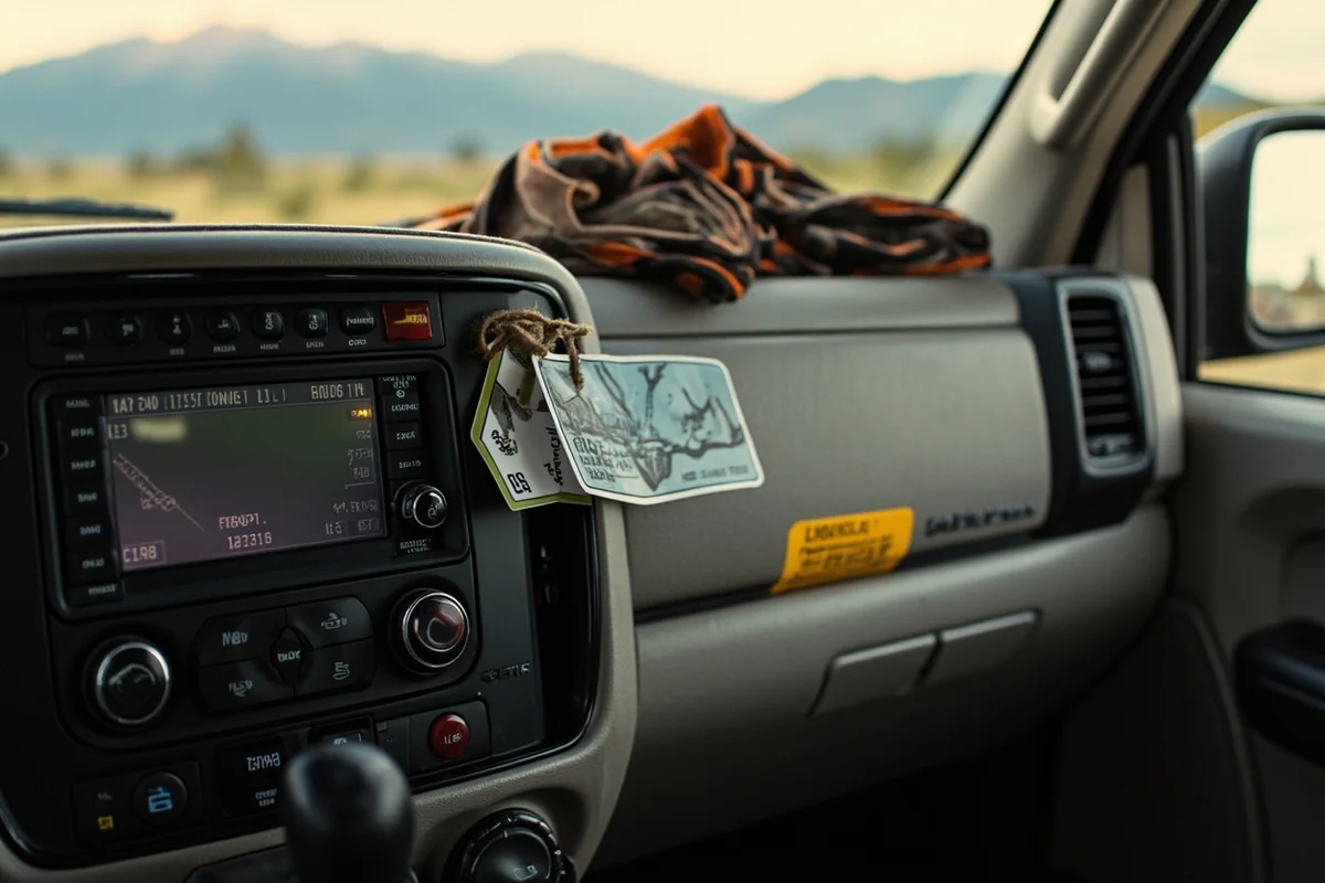 Montana hunting license and antelope tag displayed on truck dashboard with hunting gear visible in background