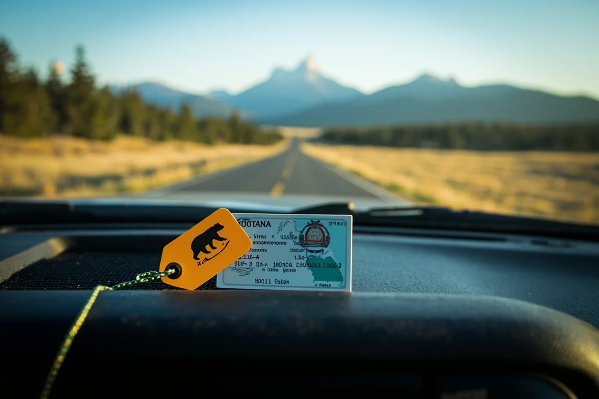 Montana hunting license and black bear tag displayed on a truck dashboard