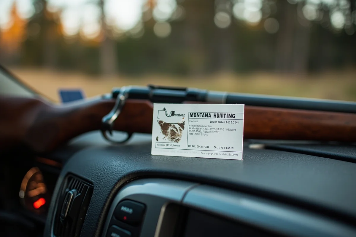 Montana hunting license and conservation license displayed on truck dashboard with rifle in background