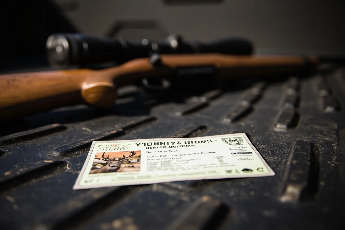 Montana hunting license and deer tag laid out on a truck tailgate with rifle
