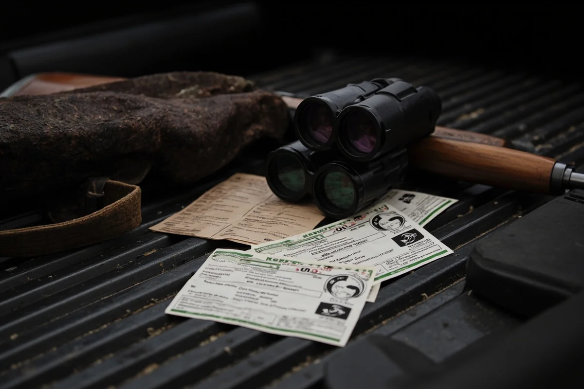 Montana hunting license and tags laid out on a truck tailgate with rifle and binoculars