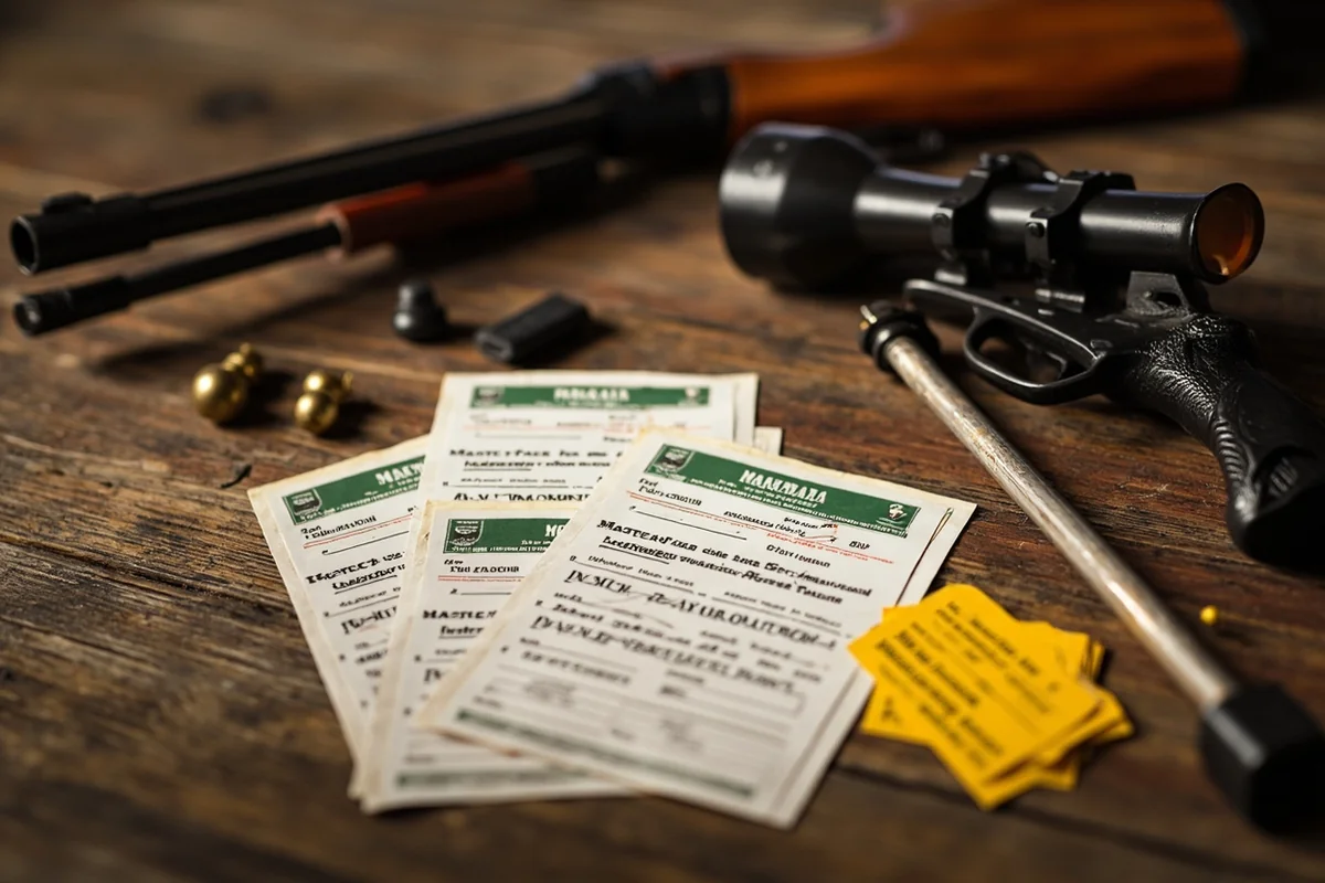 Montana hunting license and tags spread on wooden table with muzzleloader equipment