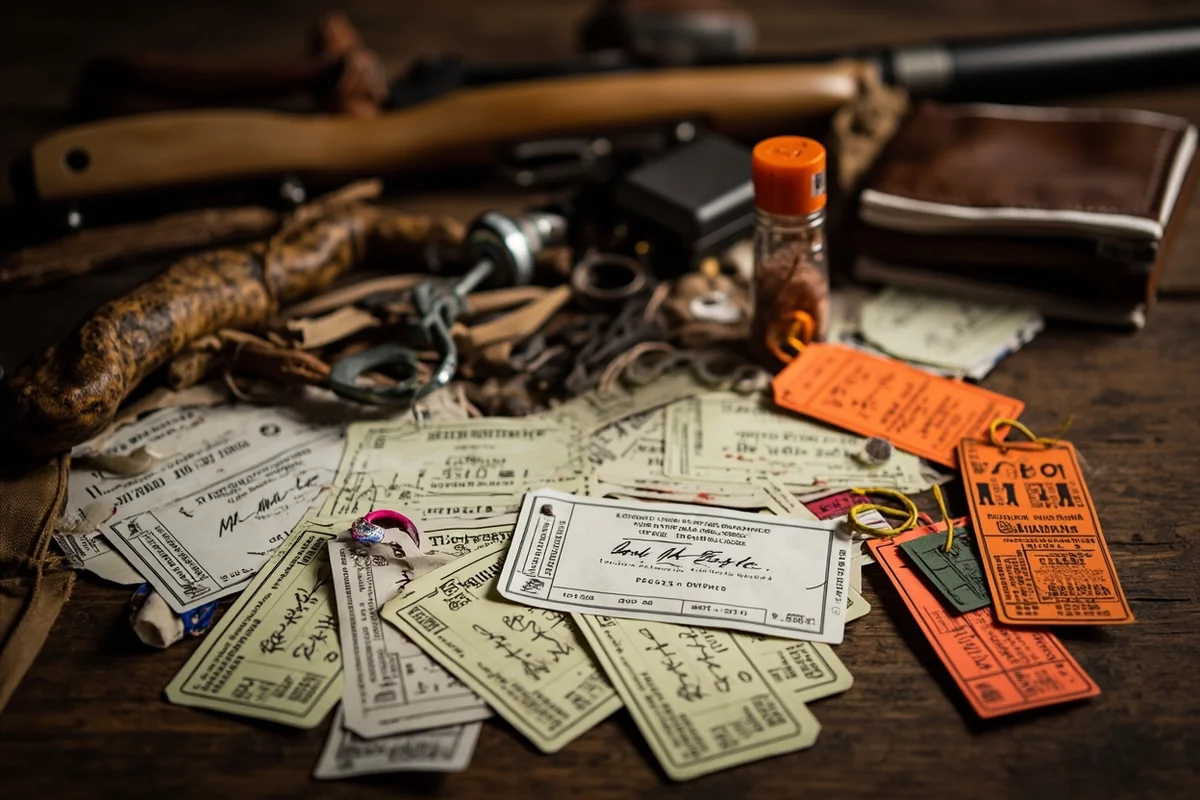 Montana hunting licenses and tags spread on table with hunting gear