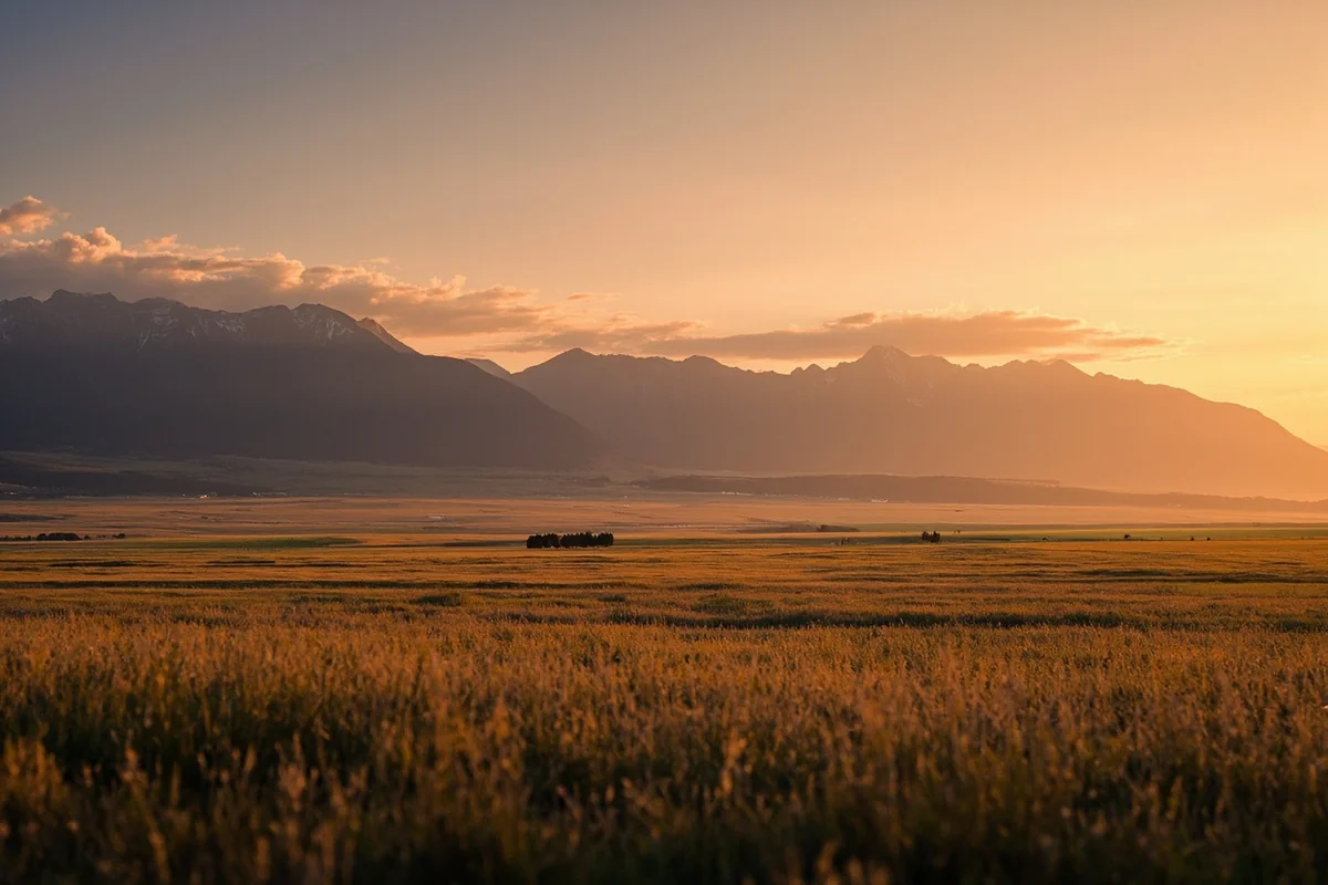 Montana landscape at golden hour with mountains and prairie