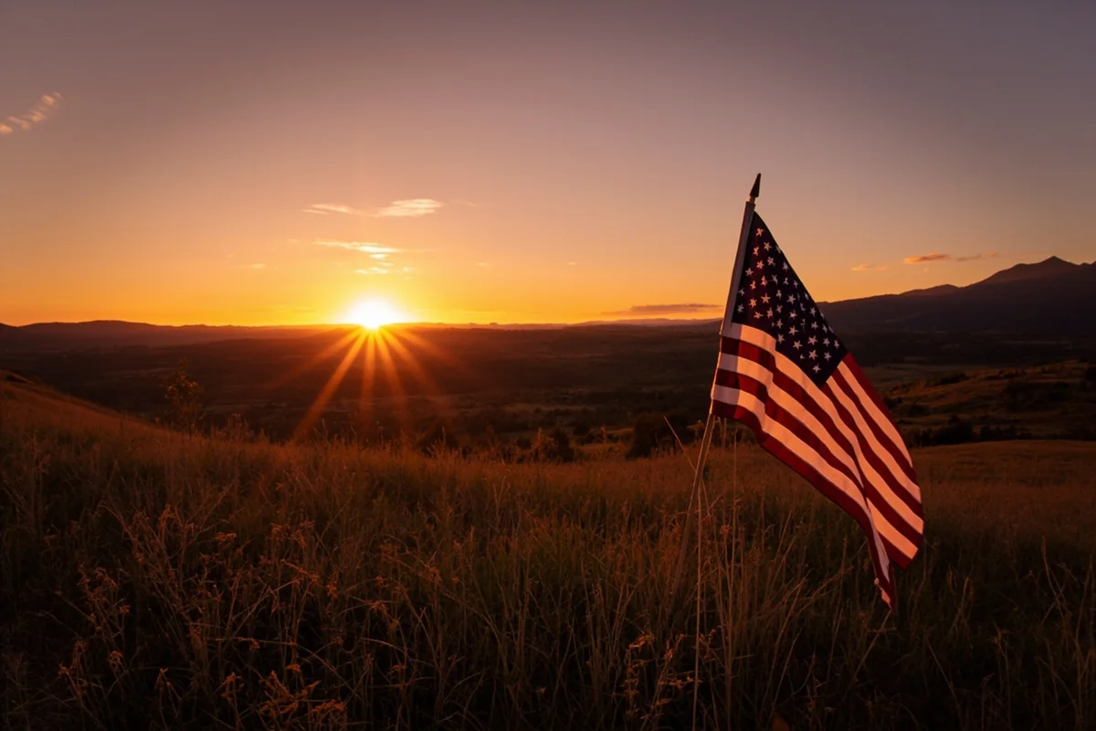Montana landscape at sunset with American flag in foreground