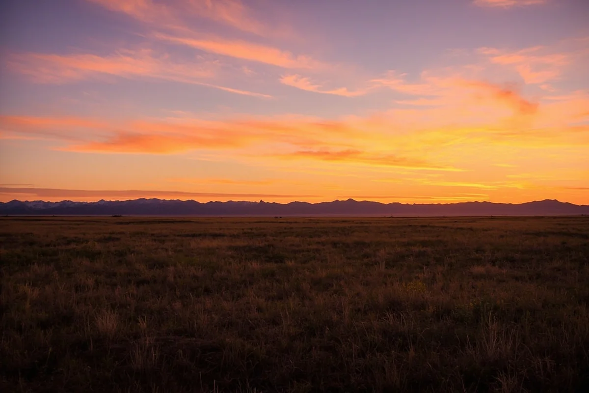 Montana landscape at sunset with open prairie and distant mountains
