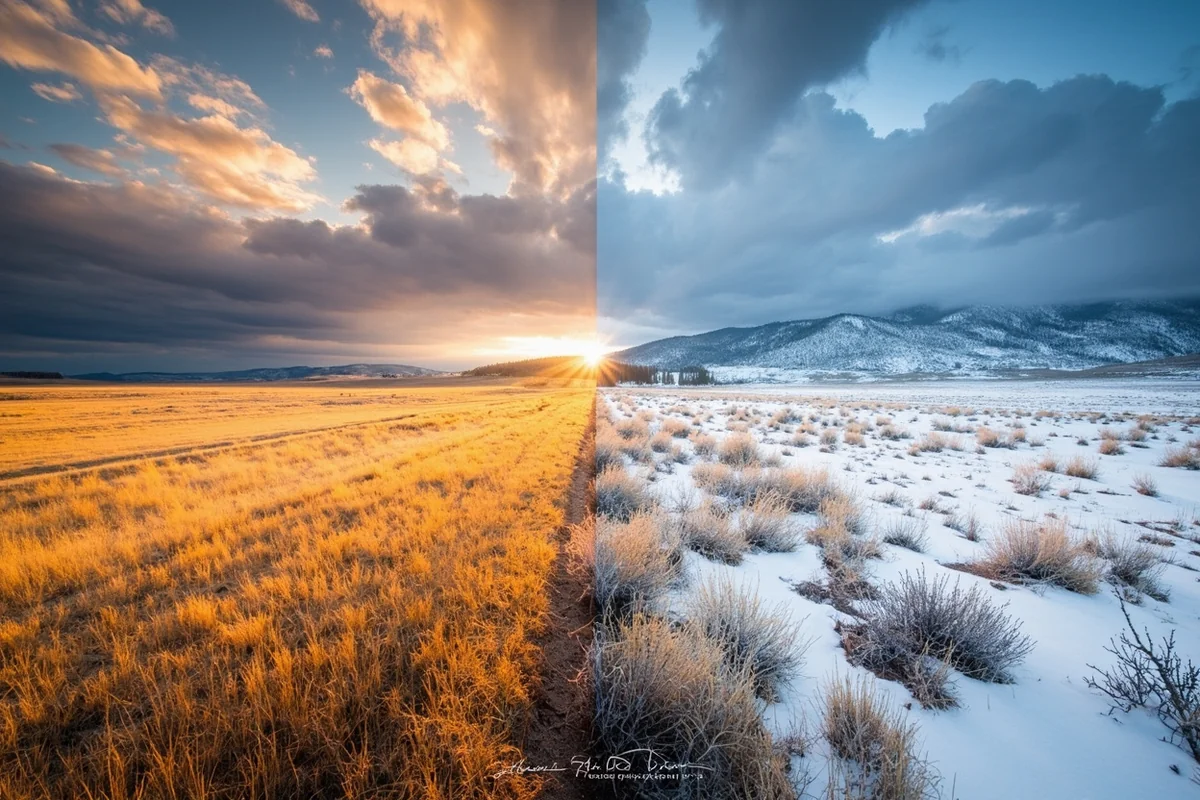 Montana landscape showing dramatic seasonal contrast—perhaps split image of summer golden plains and winter snow