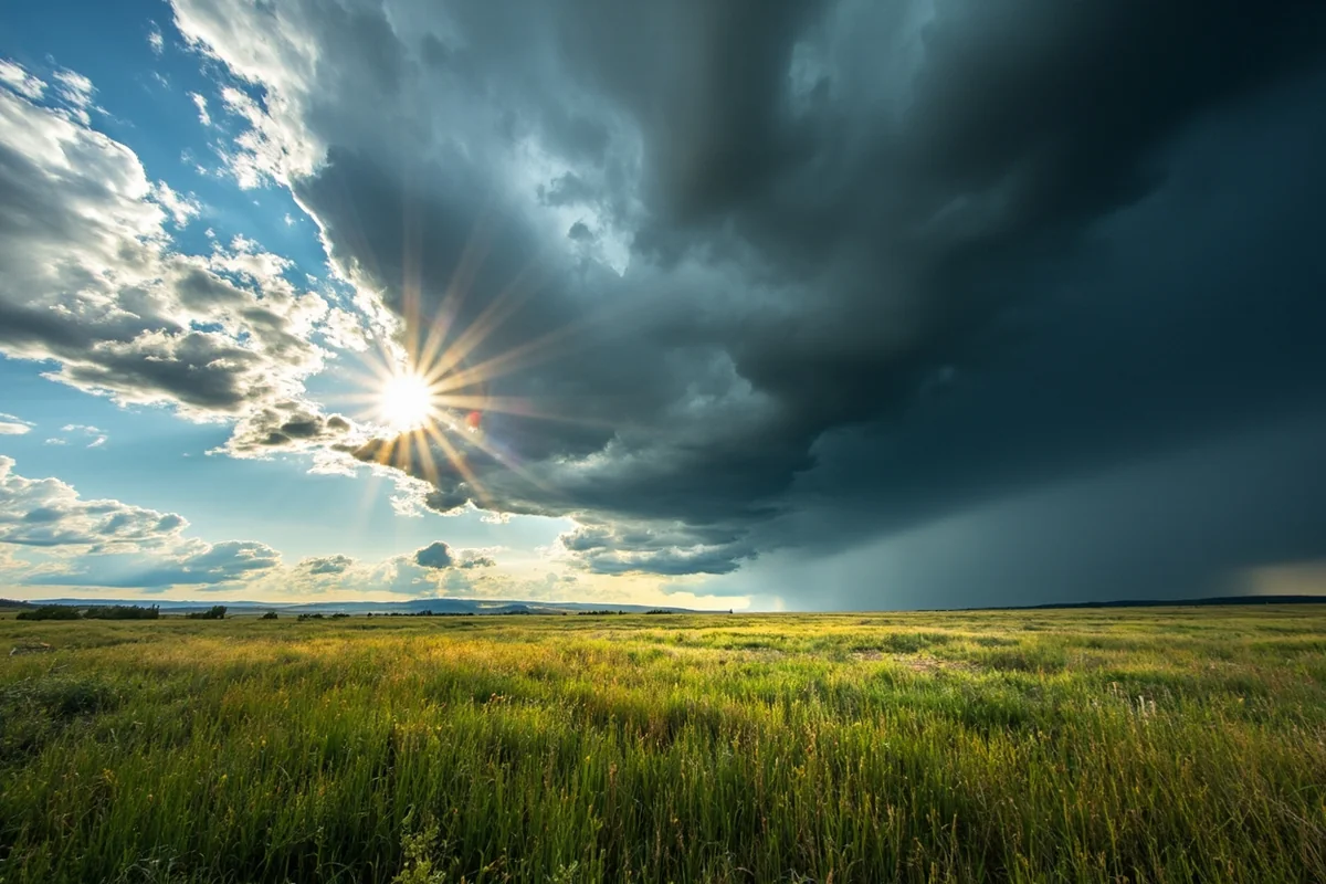 Montana landscape showing dramatic weather change with storm clouds approaching sunny meadow