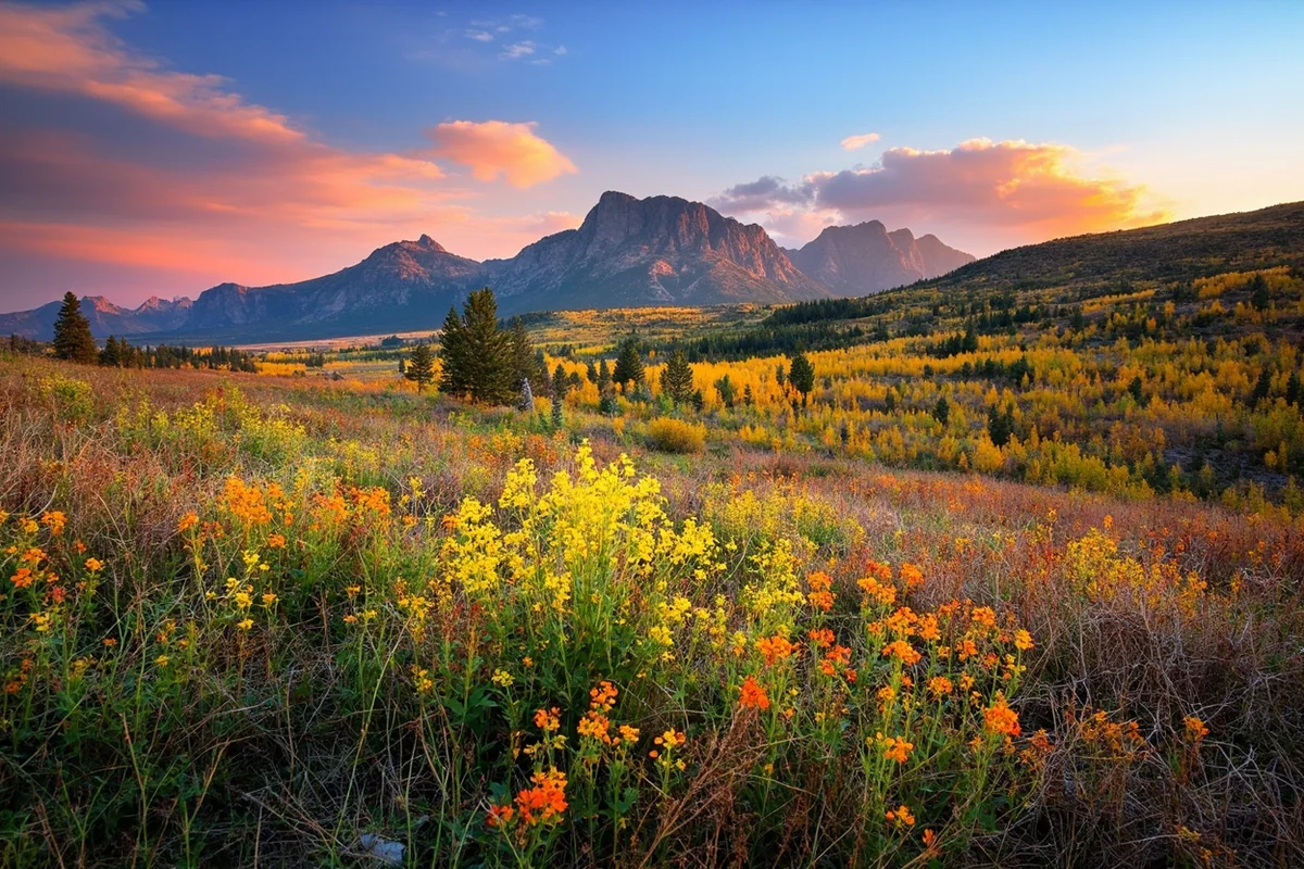 Montana landscape showing seasonal contrast - summer wildflowers vs fall colors
