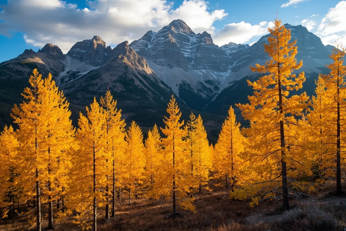 Montana mountain landscape in autumn with golden larch trees, representing peak stink bug season