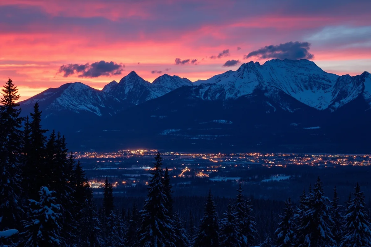 Montana mountain sunset during winter with Christmas lights visible in a small town below