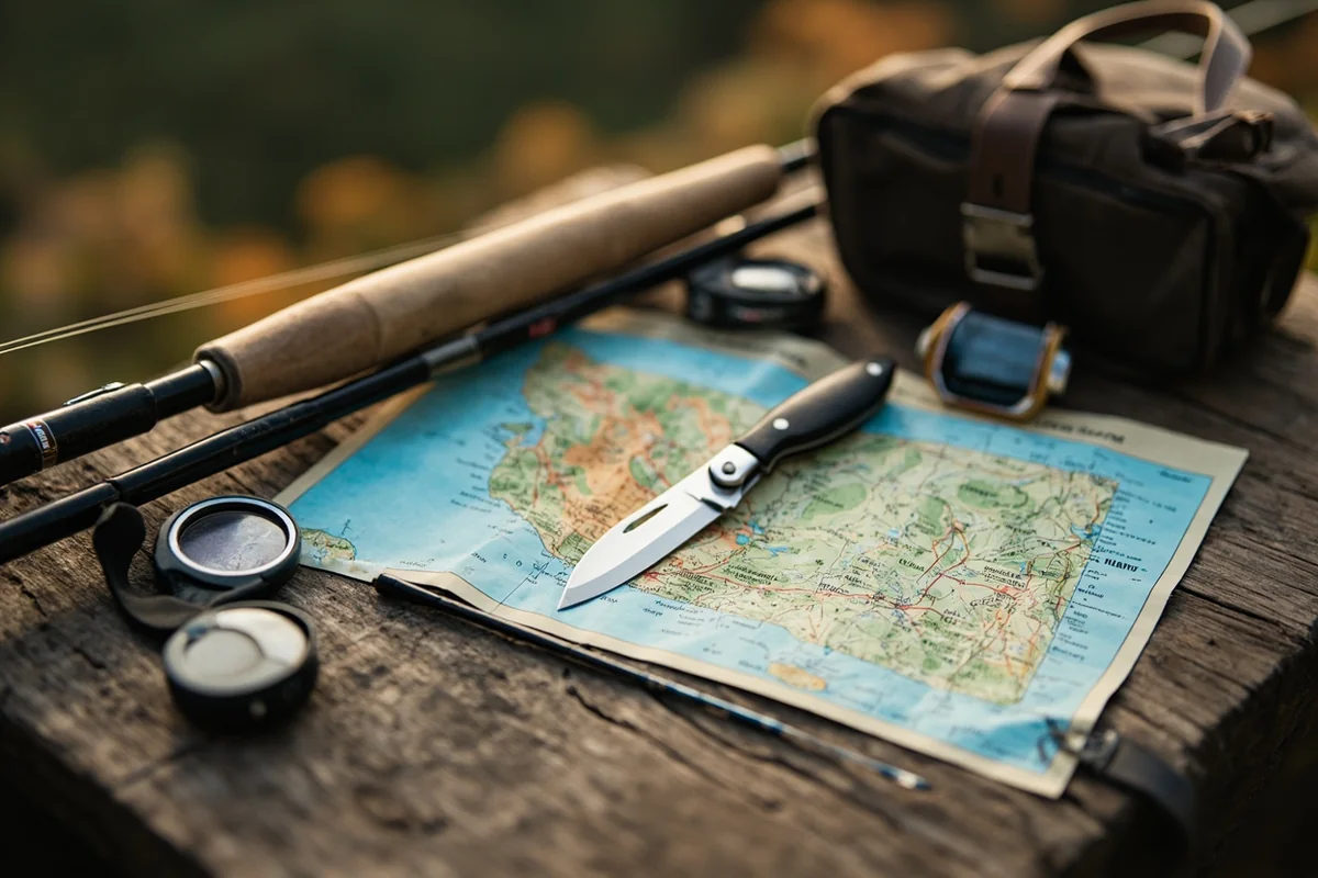 Montana outdoor gear including fishing rod, knife, and map spread on wooden surface