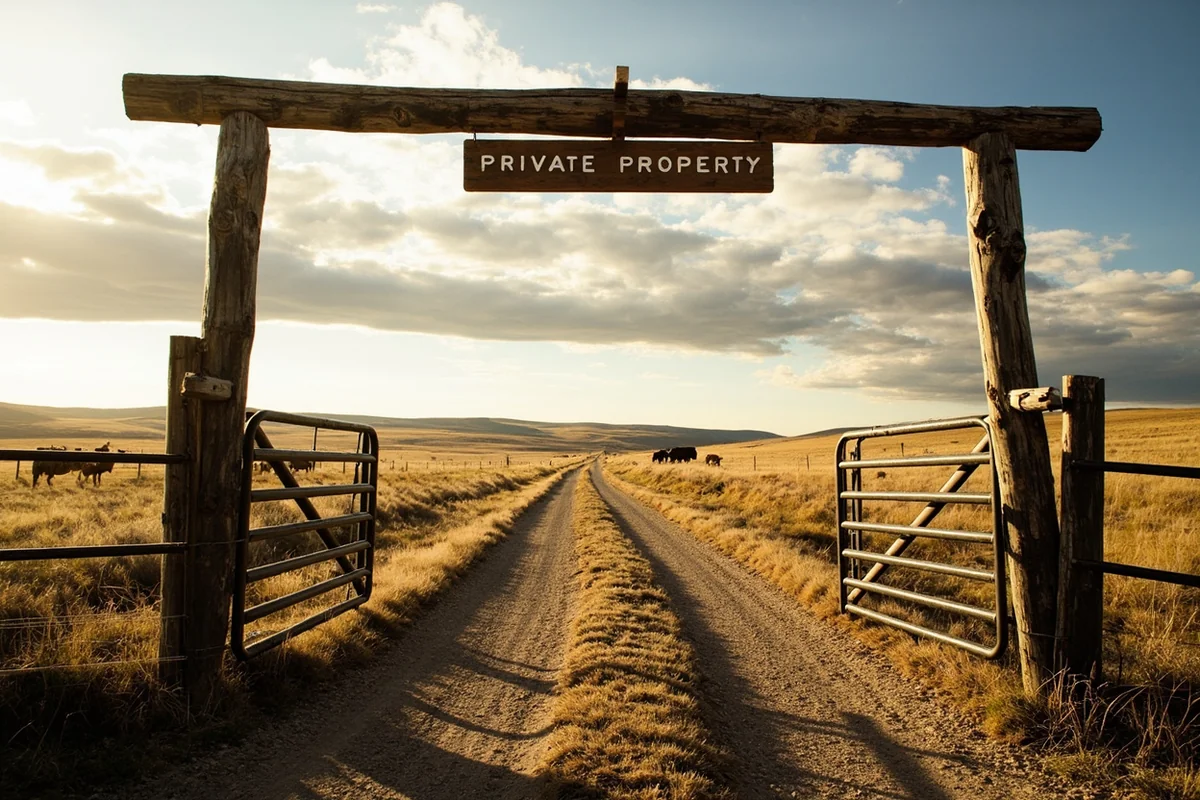 Montana ranch gate with "Private Property" sign and open range beyond