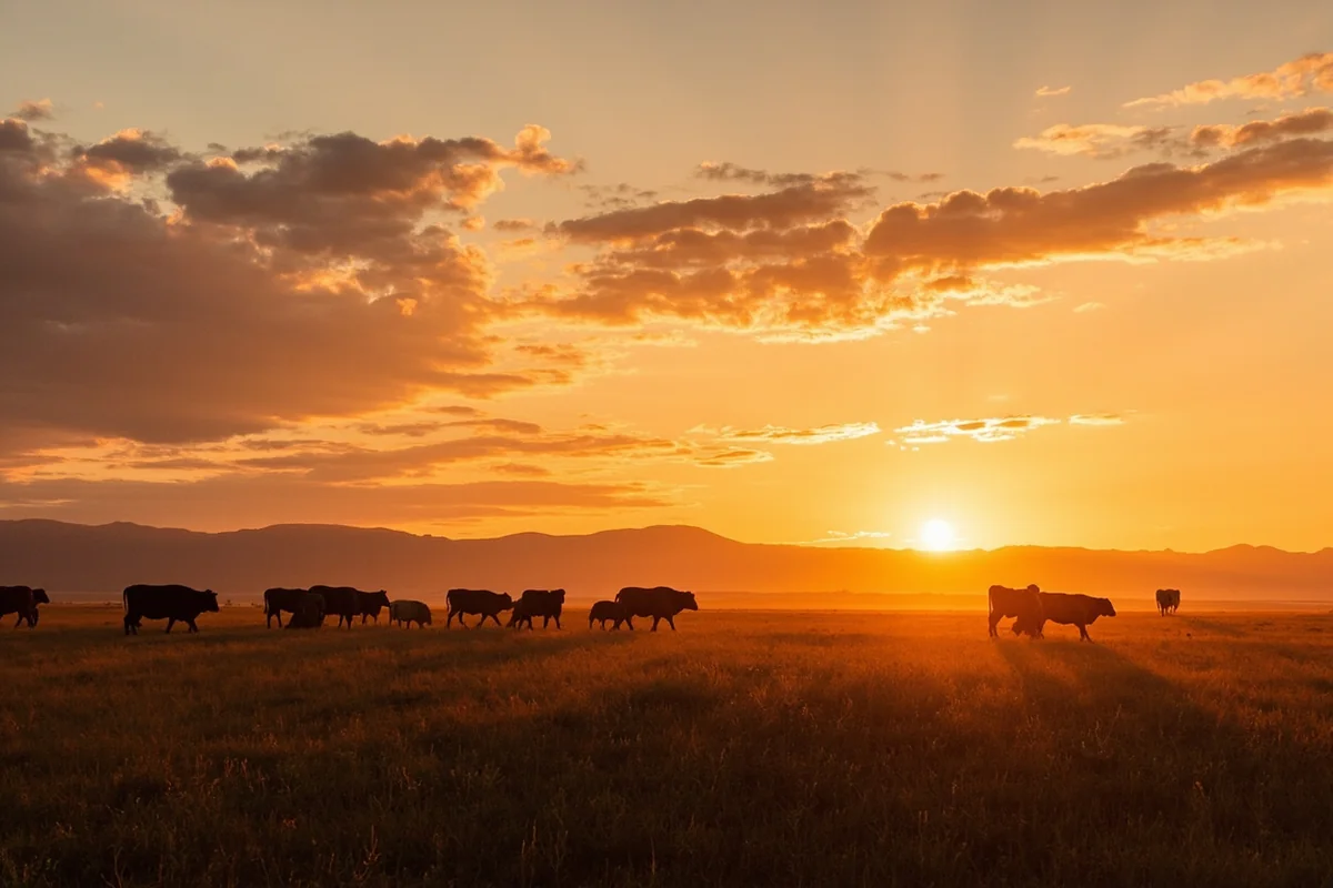 Montana ranch landscape at sunset with cattle grazing, mountains in background
