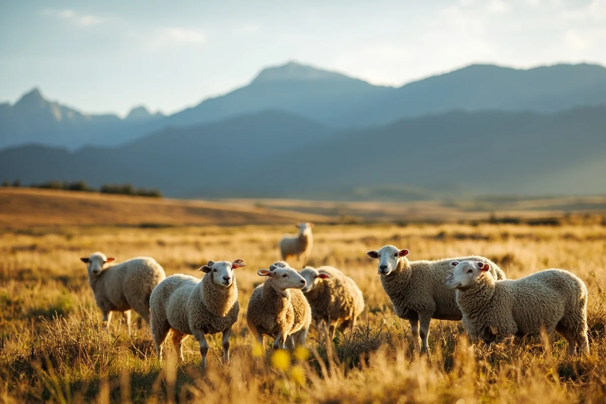 Montana ranch with sheep grazing in rolling hills with mountains in background