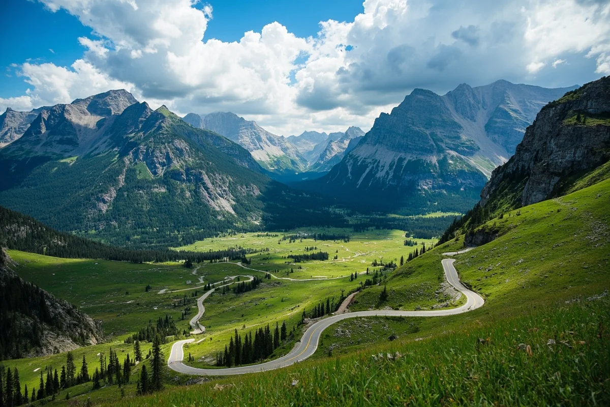 Montana's Going-to-the-Sun Road winding through mountain peaks with alpine meadows