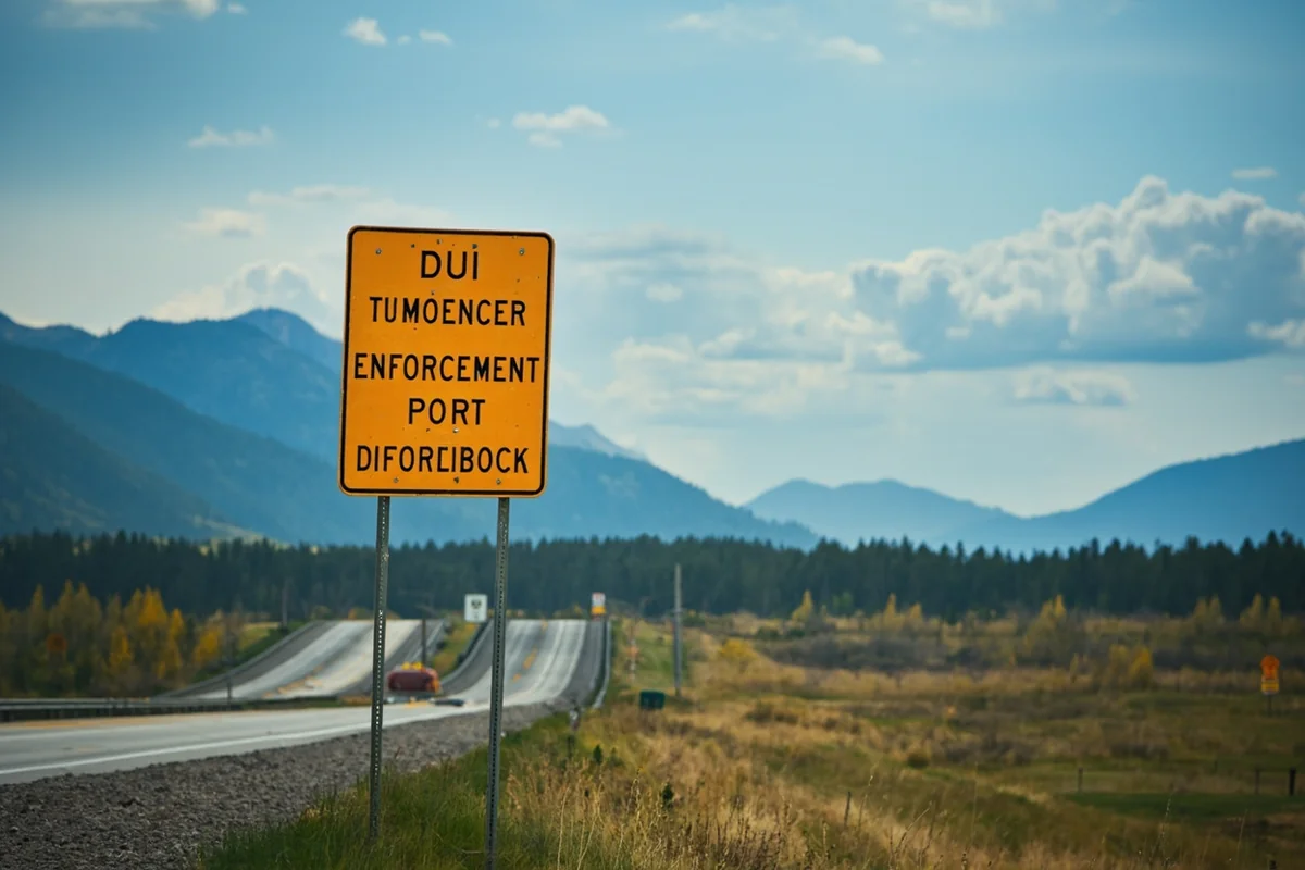 Montana scenic highway with warning sign about DUI enforcement
