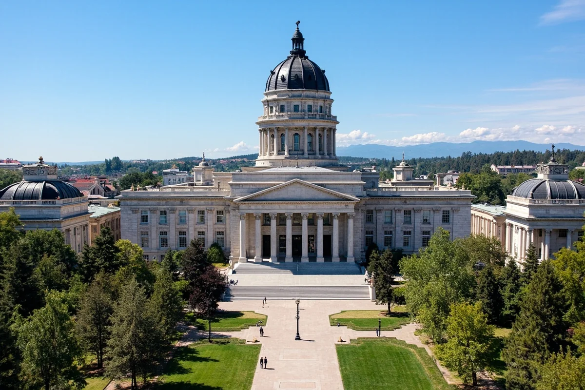 Montana State Capitol building in Helena with grounds and surrounding architecture