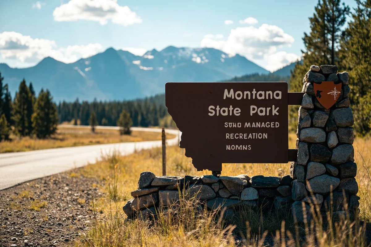 Montana state park entrance sign with mountain scenery, representing state-managed recreation areas