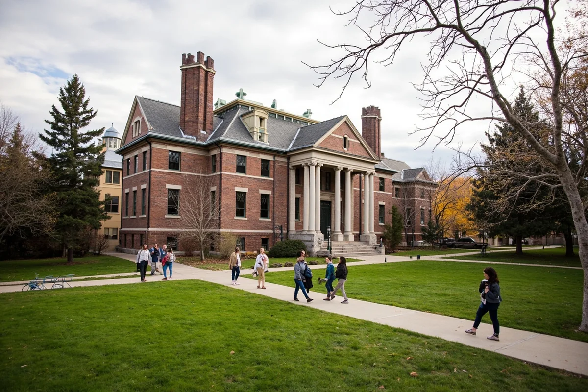 Montana State University campus with historic Montana Hall and students walking across the quad